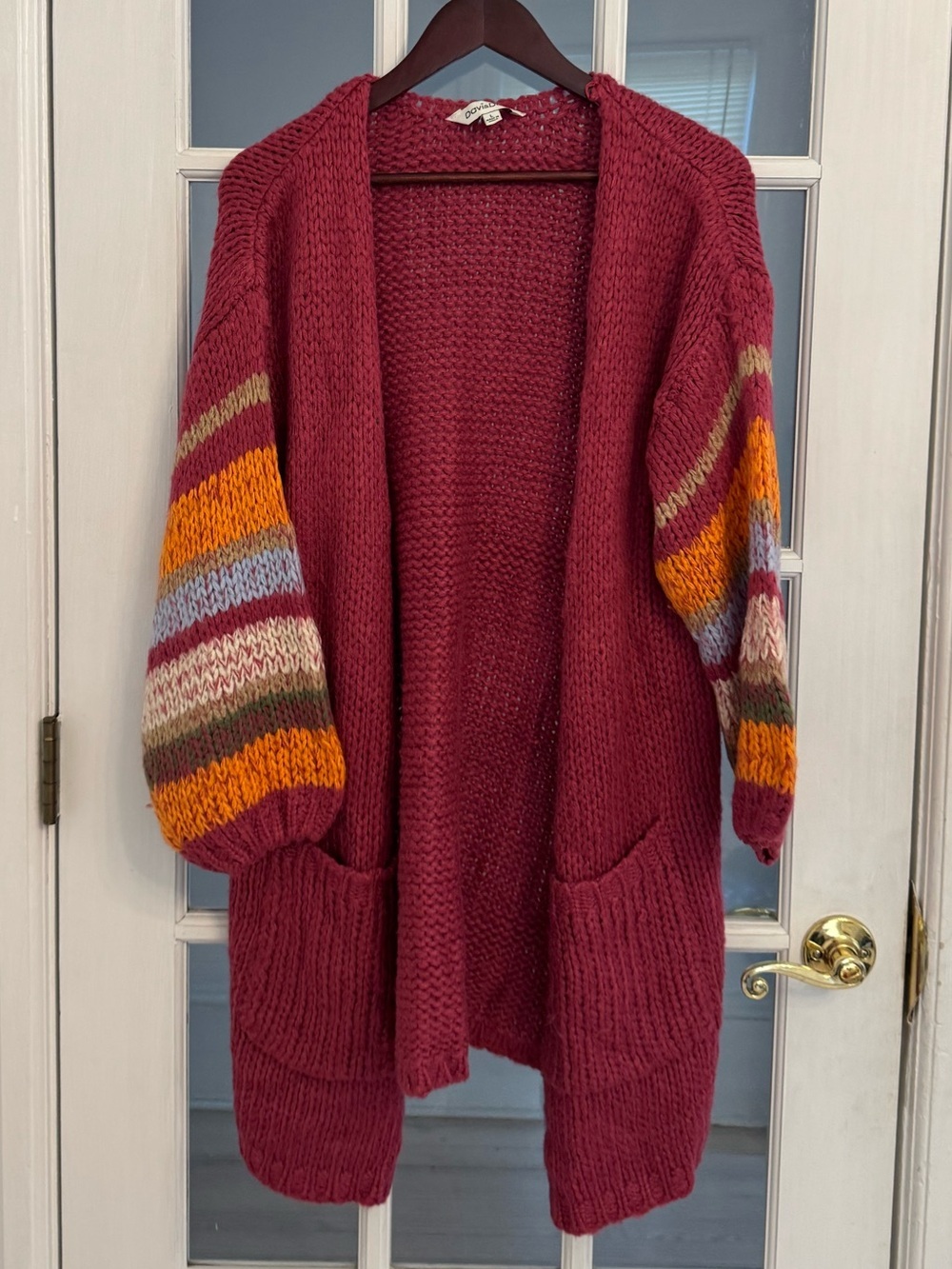 DAVI & DANI Women’s Red Striped Chunky Knit Long Open Front Cardigan Sweater